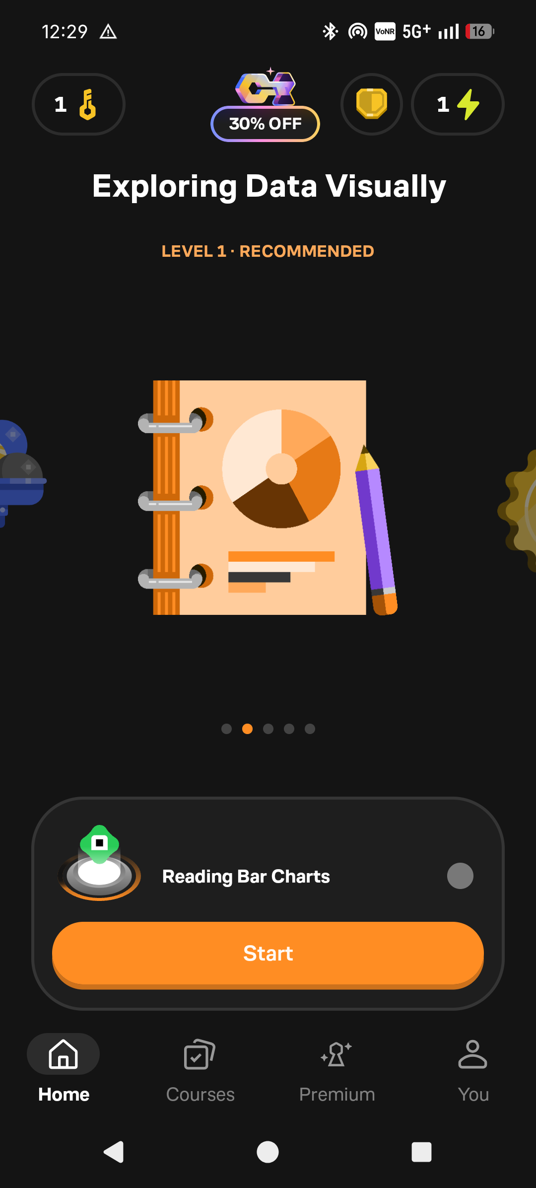 Brilliant home screen with the data analysis course Exploring Data Visually