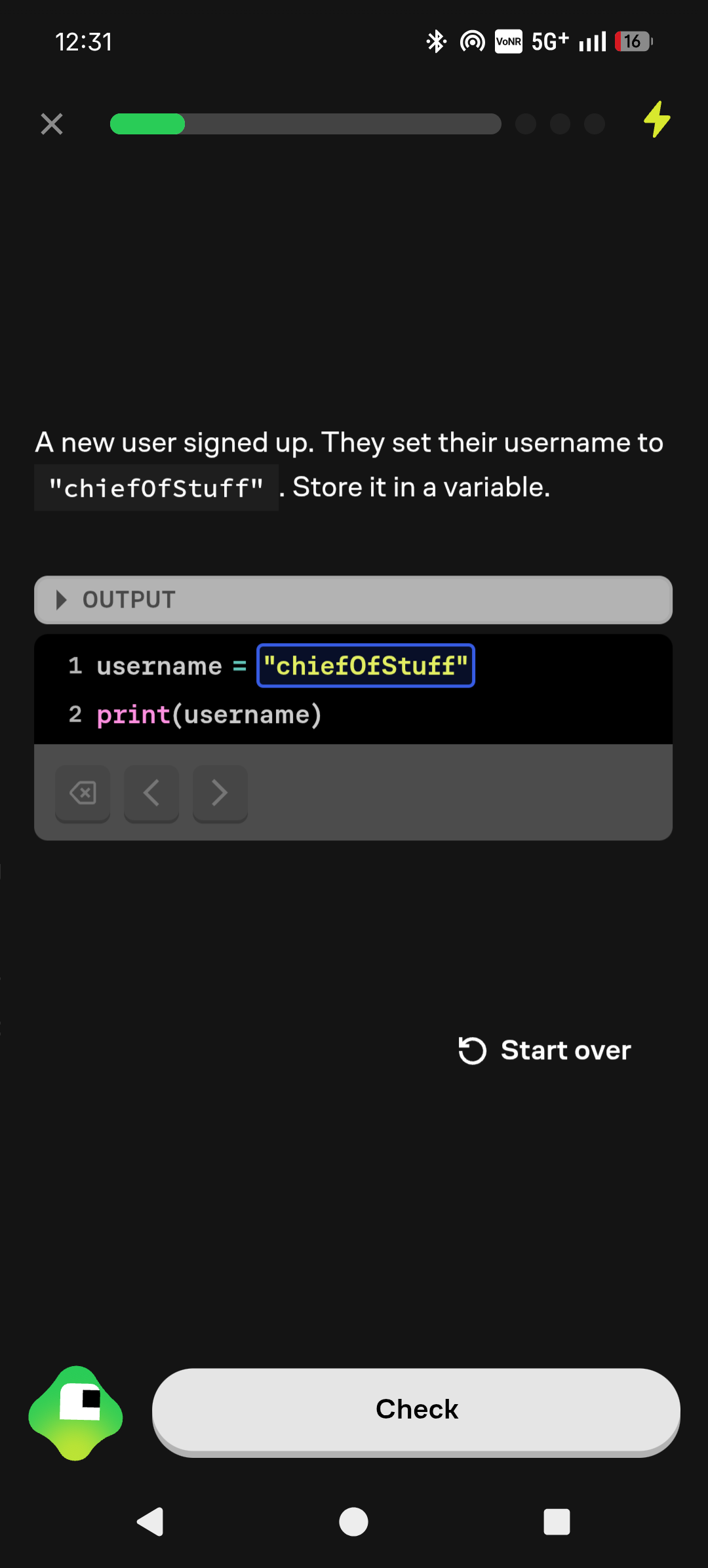 Brilliant app with a Python task for saving a username in a variable