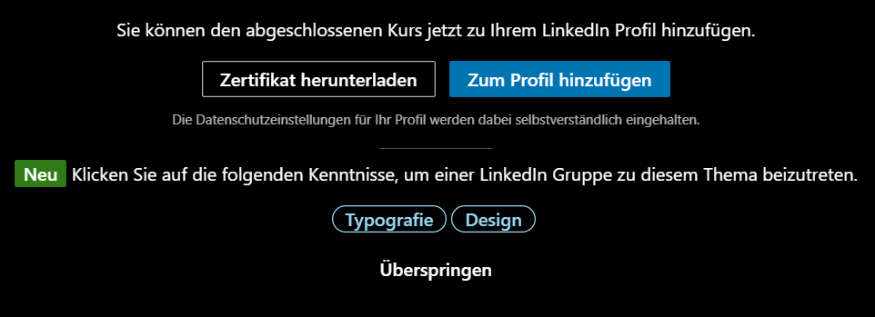 Completion of a course with the options Download certificate and Add to profile