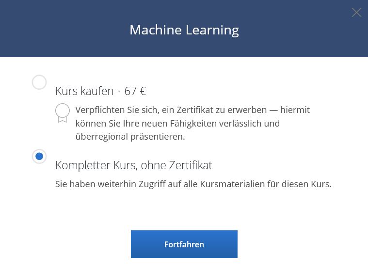 Coursera screenshot of taking a course for free
