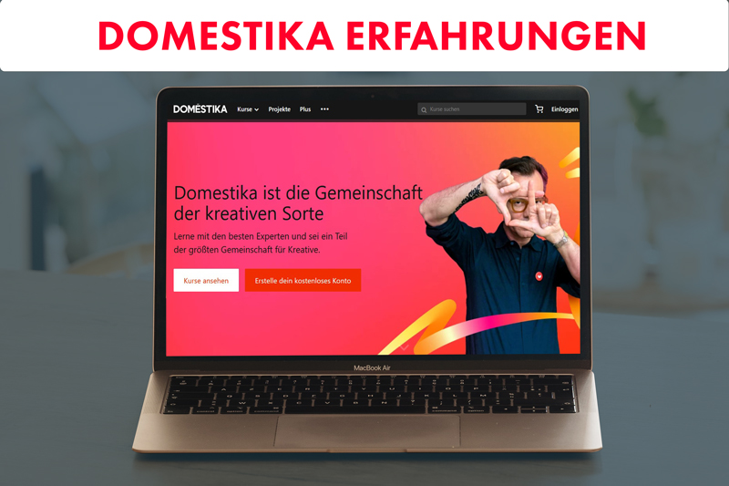 Domestika Beitragsbild laptop mit Screenshot der Domestika Webseite