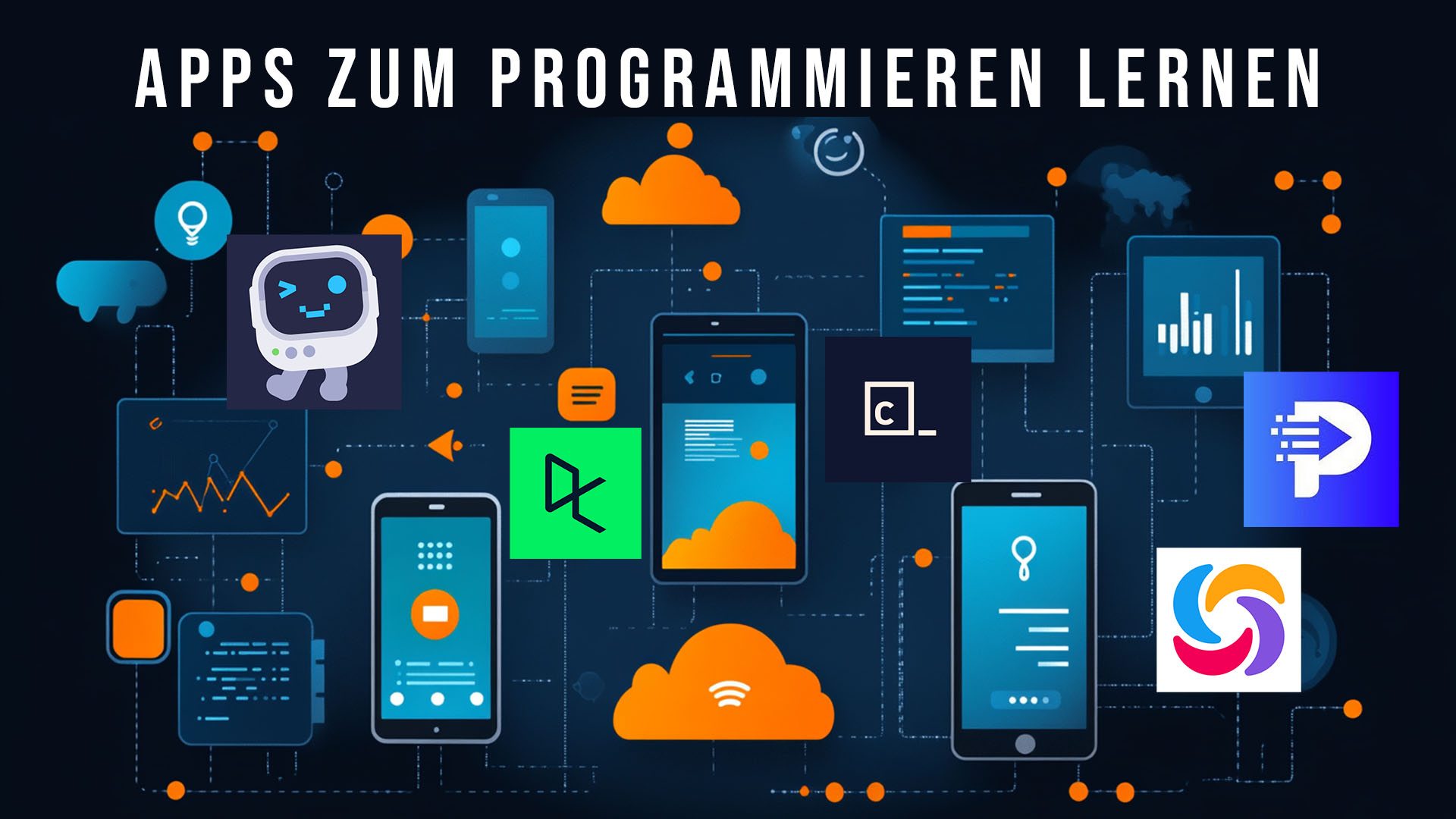 Apps for learning to code, illustrated image with app icons in the foreground