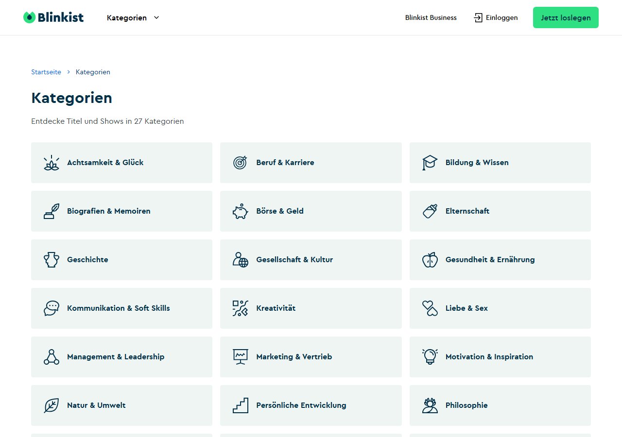 Blinkist categories screenshot 2026