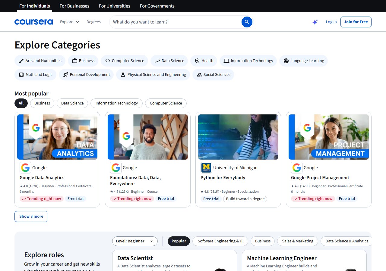 Coursera categories screenshot 2026