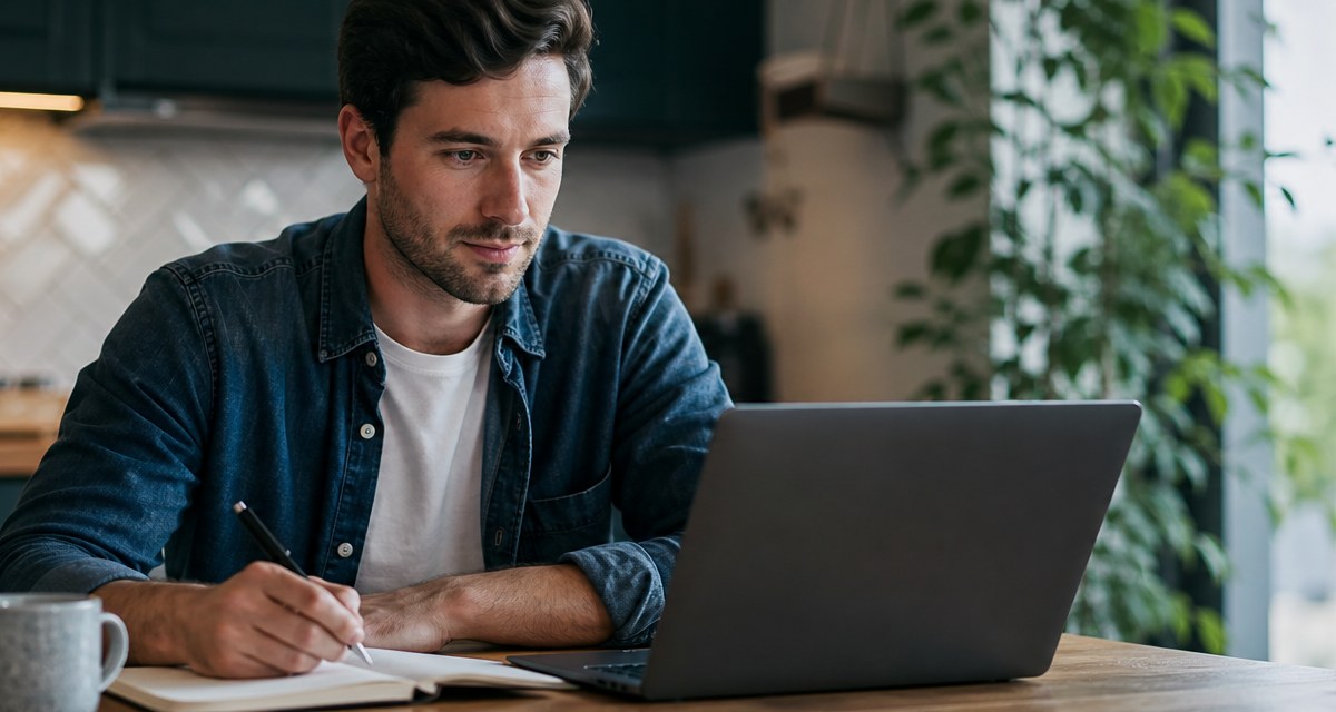Man sitting at a kitchen table with laptop, notebook, and coffee, taking an online continuing education course