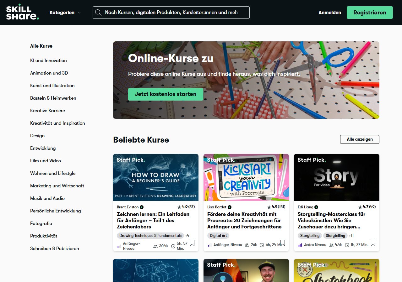 Skillshare course categories in German 2026