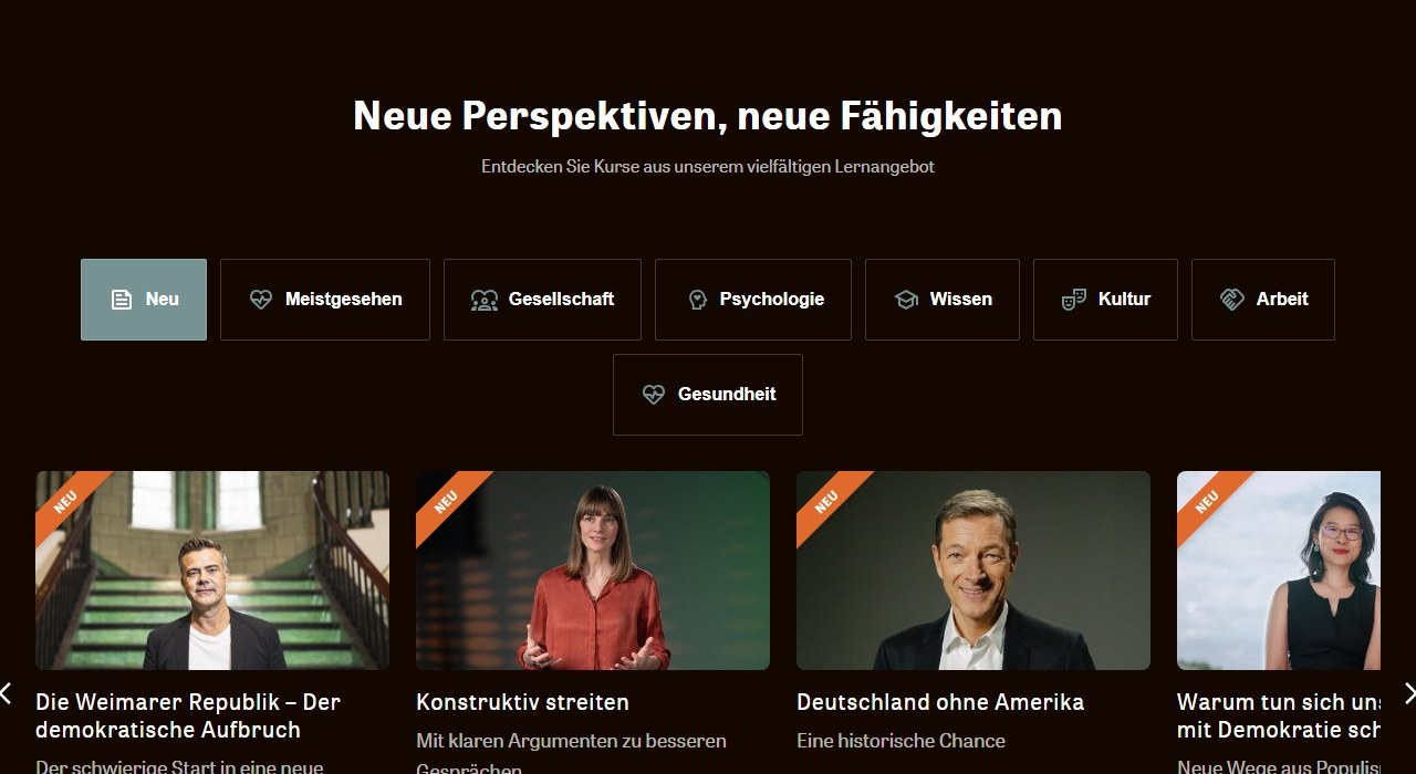 Topic tabs of ZEIT Akademie: Society, Psychology, Knowledge, Culture, Work and Health