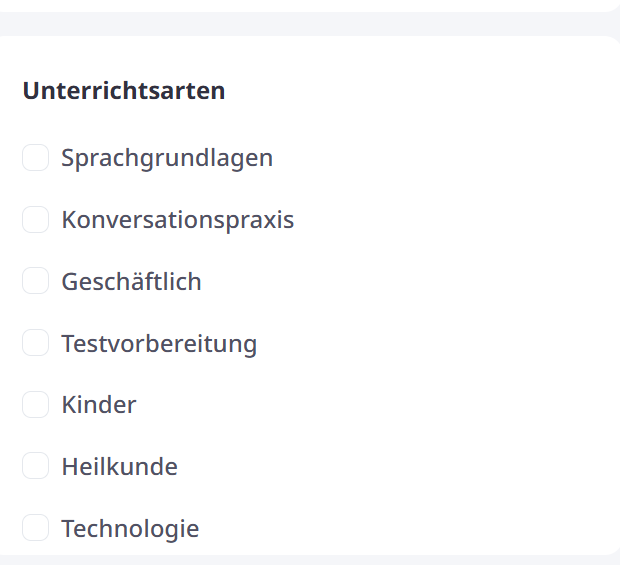 italki Kategorien Filter